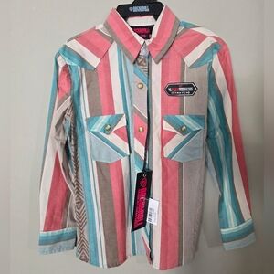 NWT Rock & Roll Boy's Western Red Blue Brown Striped Button-Down Shirt